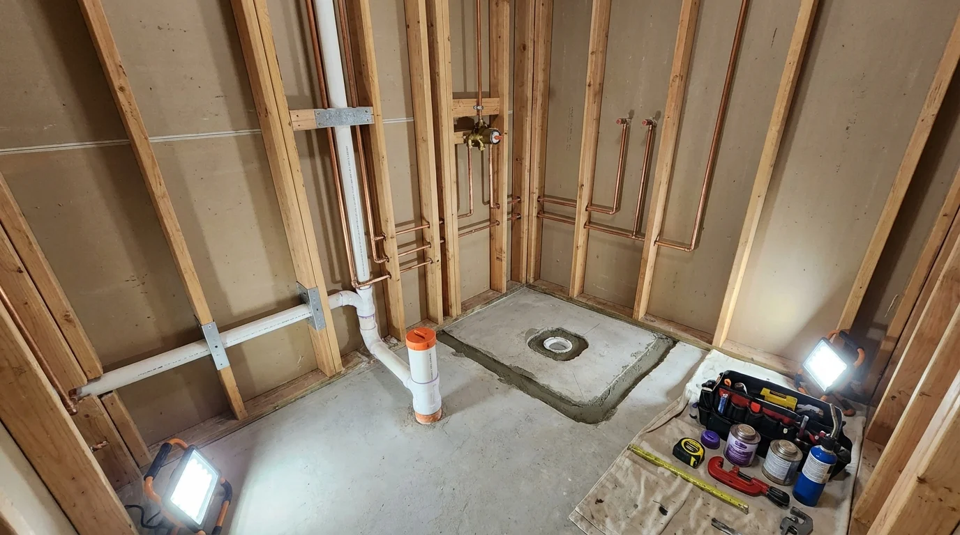 Bathroom rough-in plumbing during remodel by Johns Plumbing LLC in Mifflinburg
