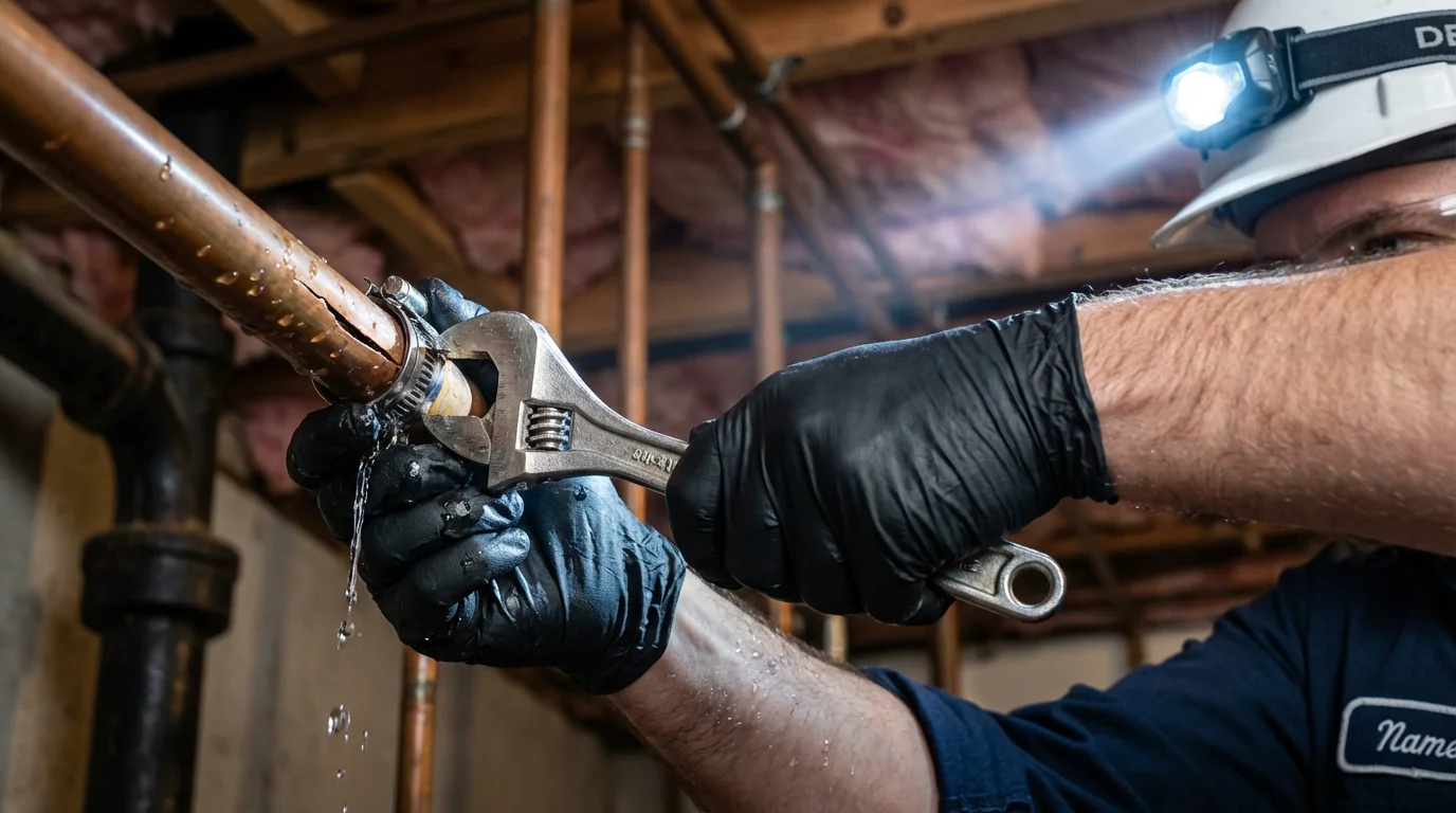 Emergency pipe clamp repair being performed by a Johns Plumbing LLC plumber in Mifflinburg