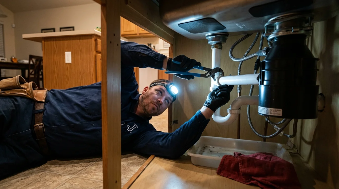 P-trap and supply line connections under a kitchen sink showing a common leak point in Mifflinburg, PA